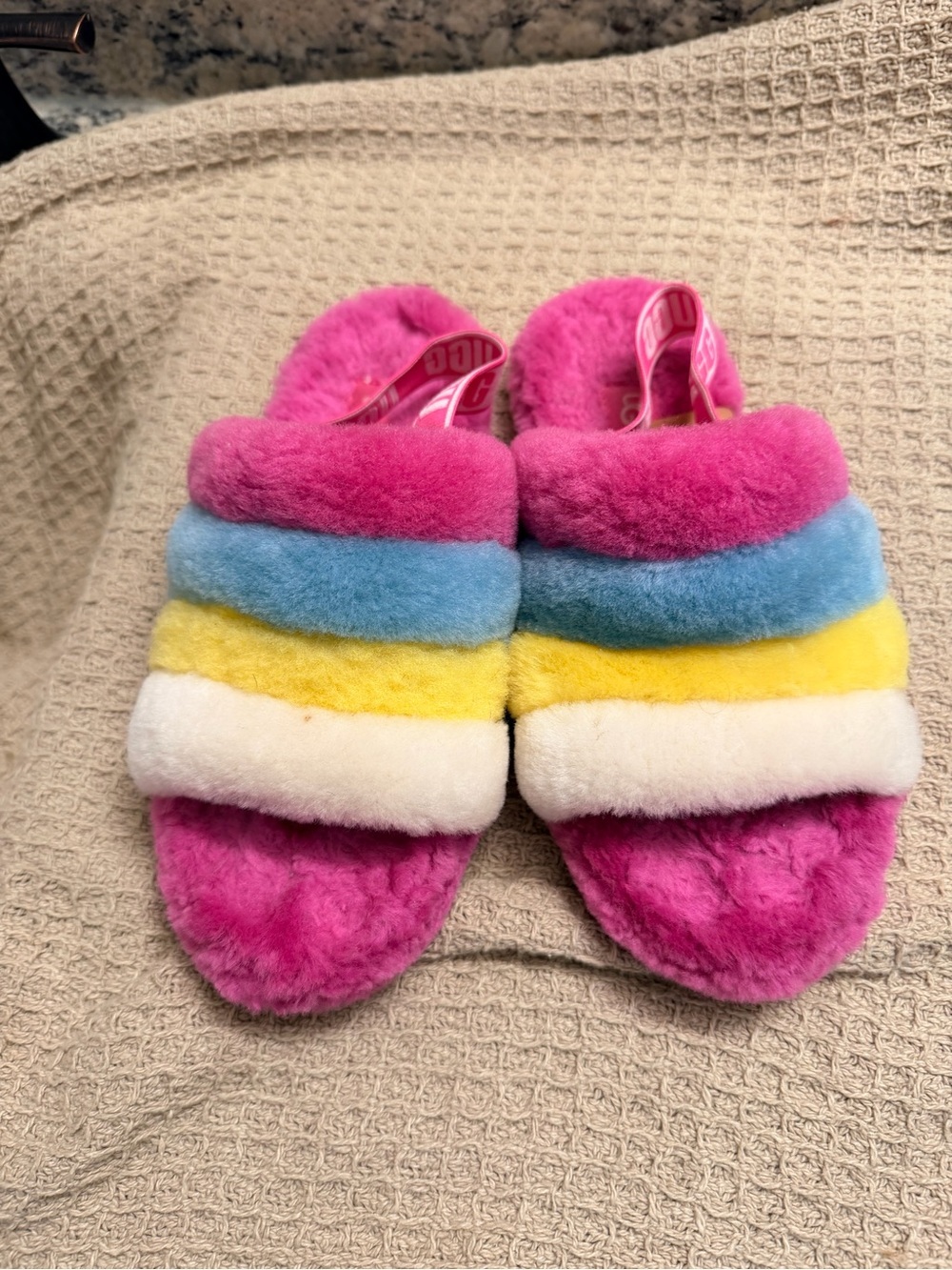 UGG Multicolor Plush Rainbow Shearling Slide Slippers - Pink Blue Yellow Cream - Picture 2 of 7